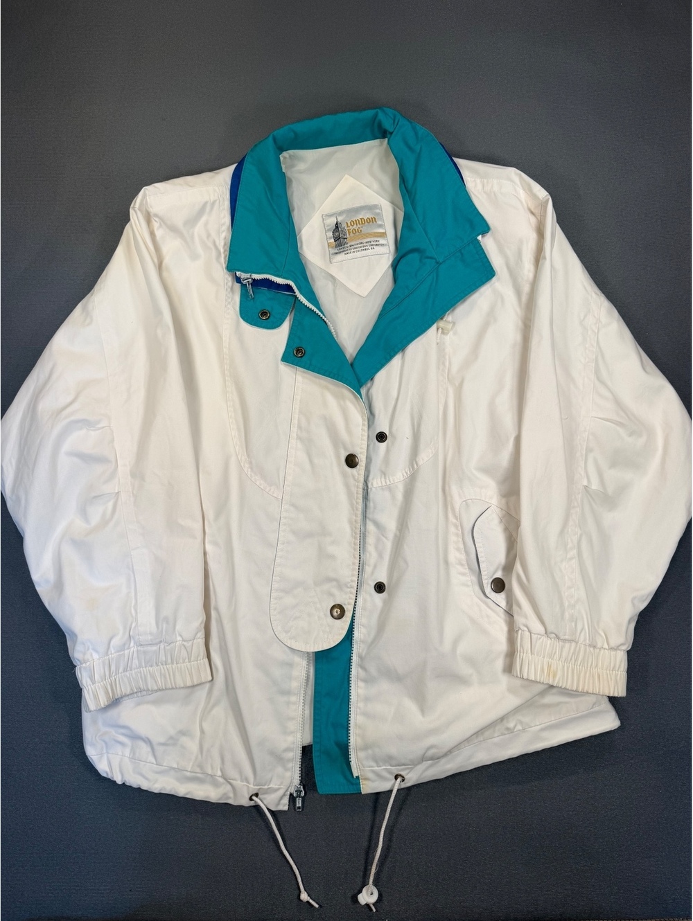 Vintage London Fog Windbreaker Jacket Large White Teal Colorblock 80s 90s